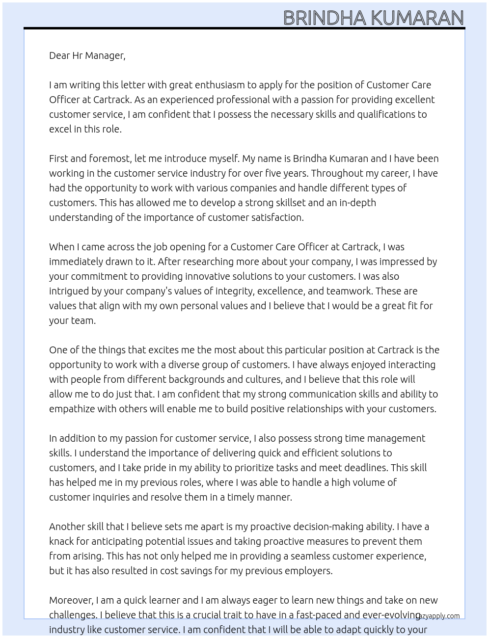 Customer care officer At Cartrack Cover Letter