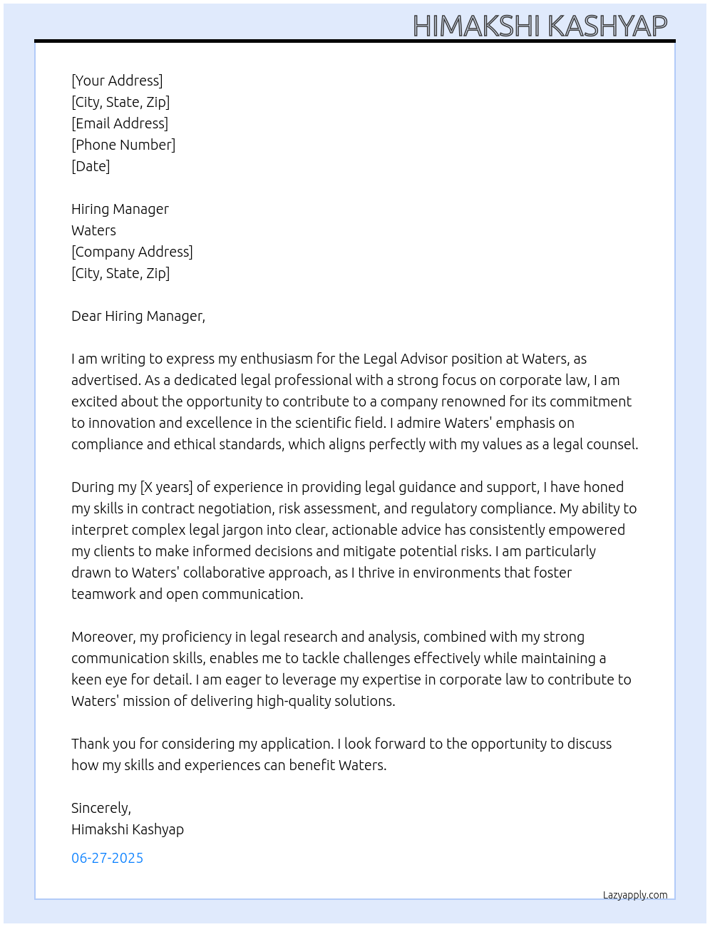 Cover letter for legal advisor - LazyApply