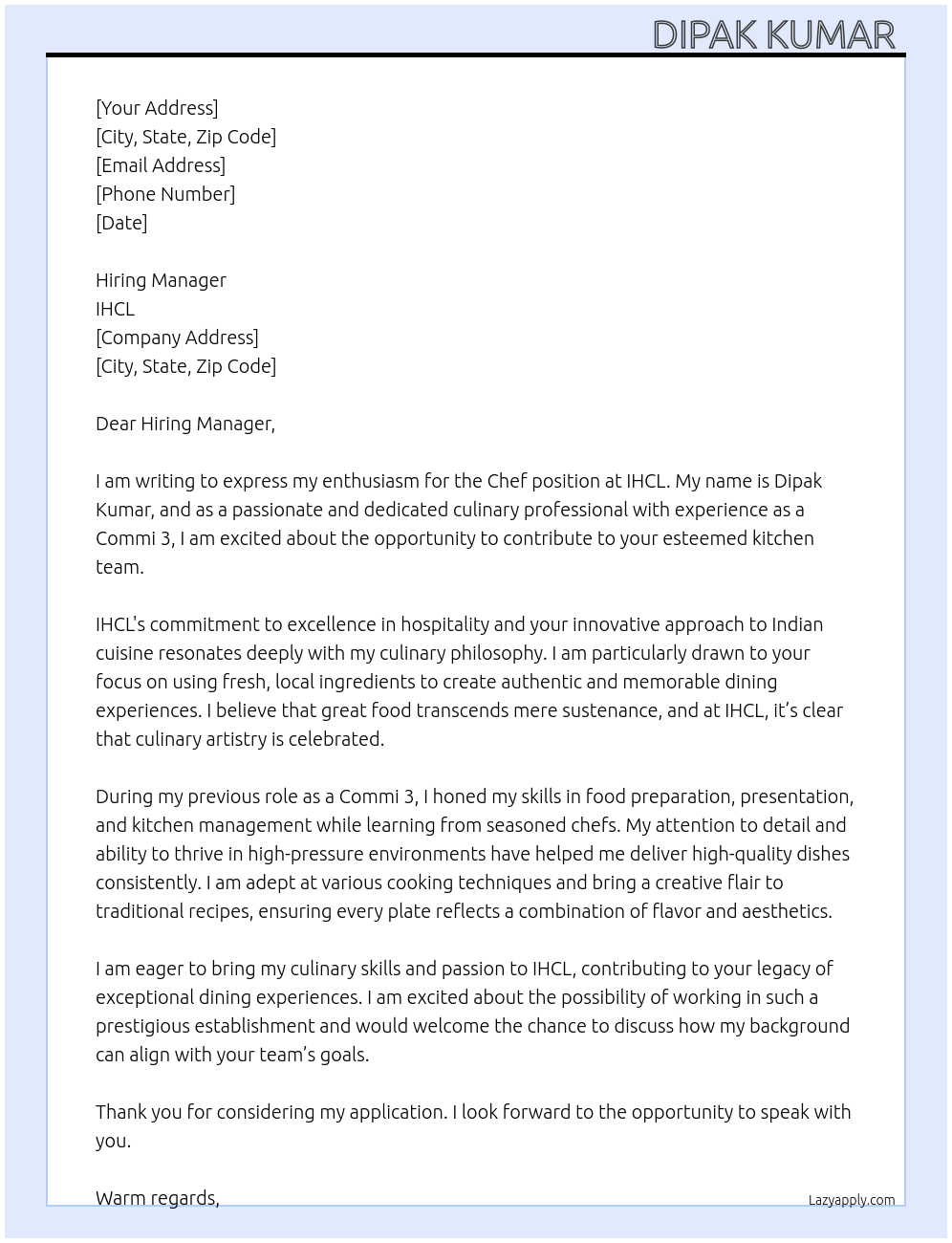 Chef At IHCL Cover Letter
