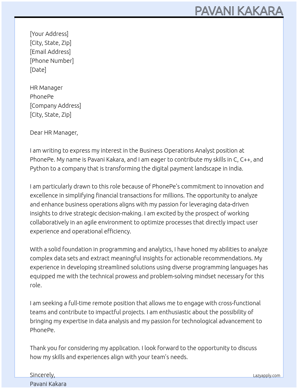 Business operation analyst At PhonePe Cover Letter