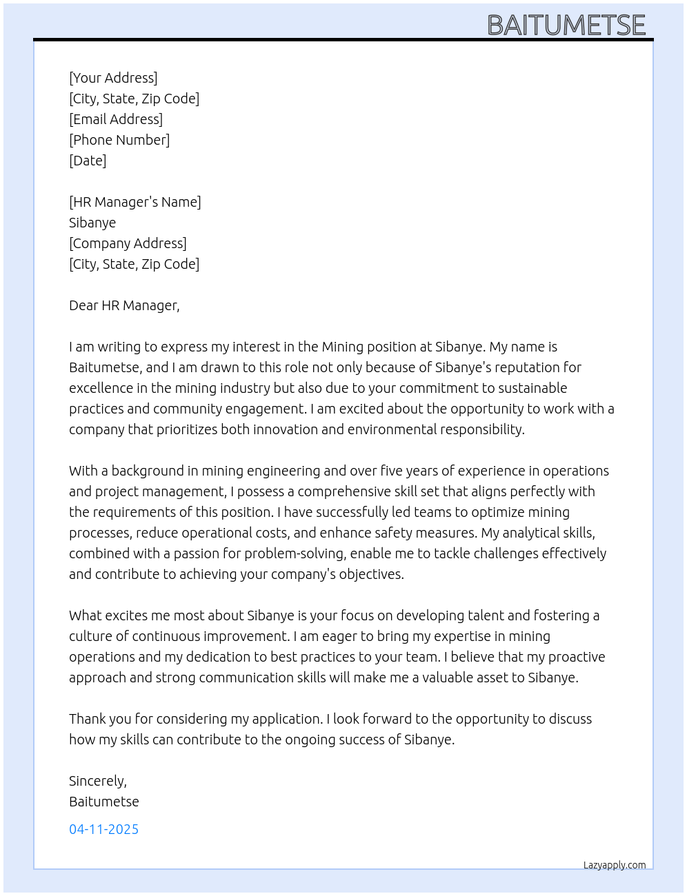 Mining At Sibanye Cover Letter