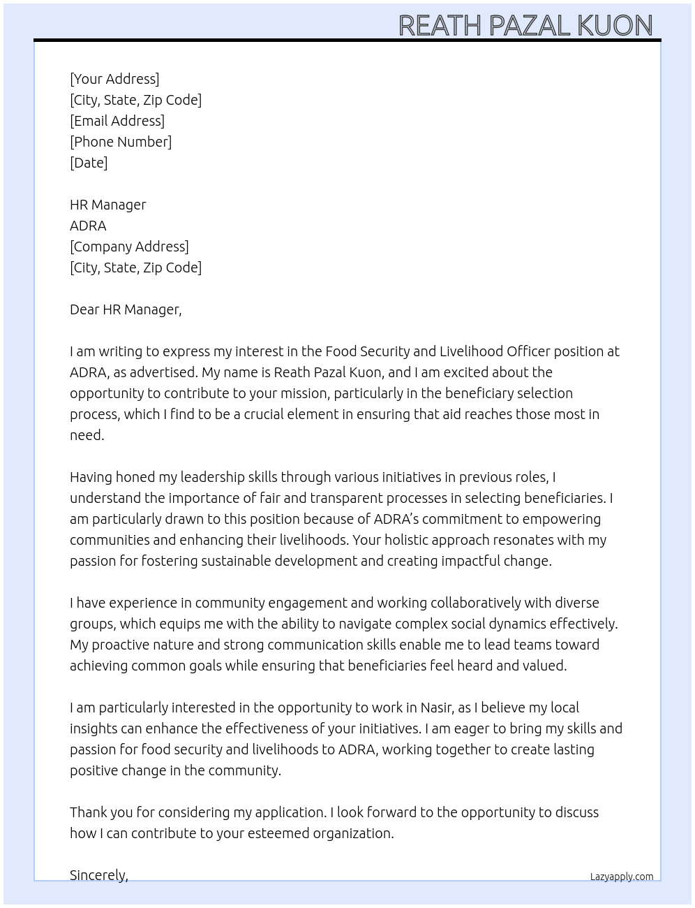Food Security and Livelihood officer  At ADRA  Cover Letter