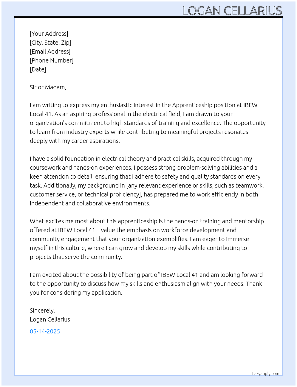 Apprentiship At IBEW Local 41 Cover Letter