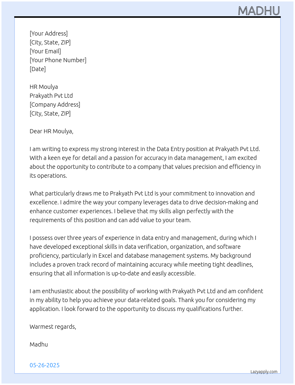 Data entry At Prakyath pvt Ltd Cover Letter