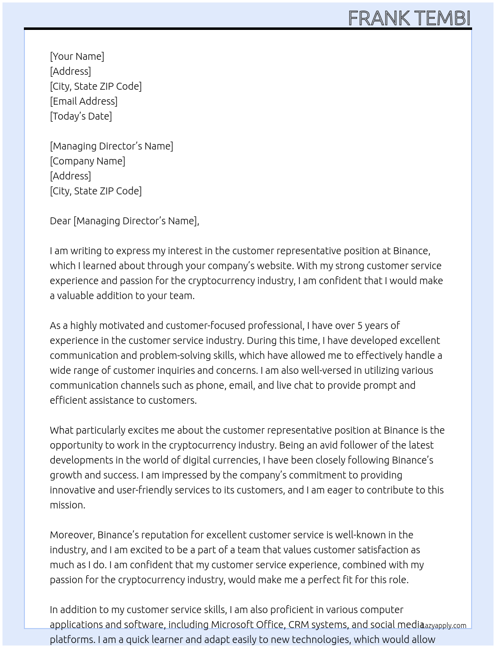 customer representative At Binance Cover Letter
