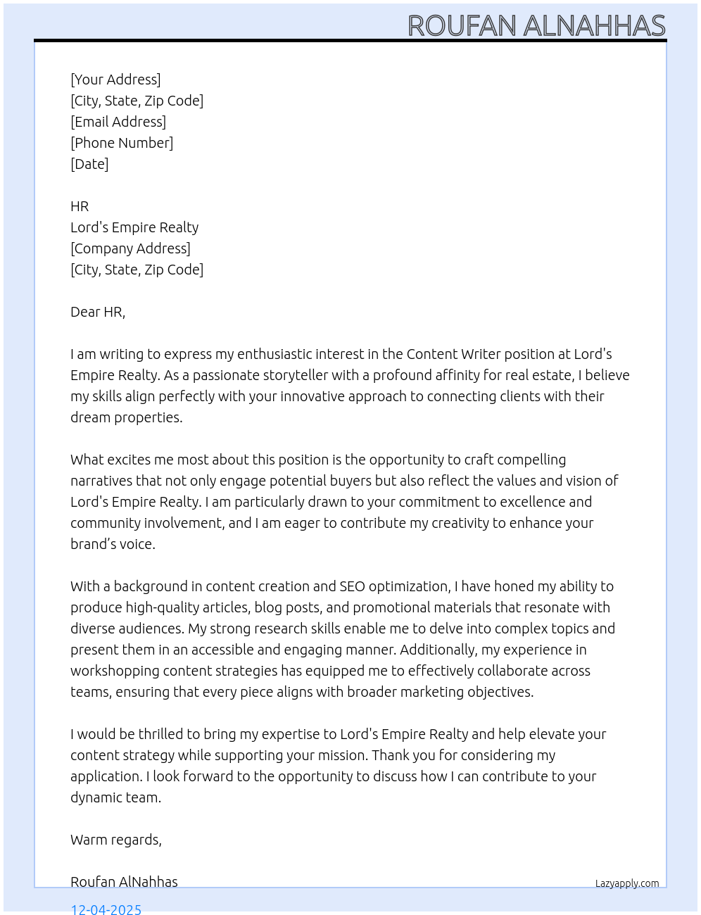Cover letter for content writer - LazyApply