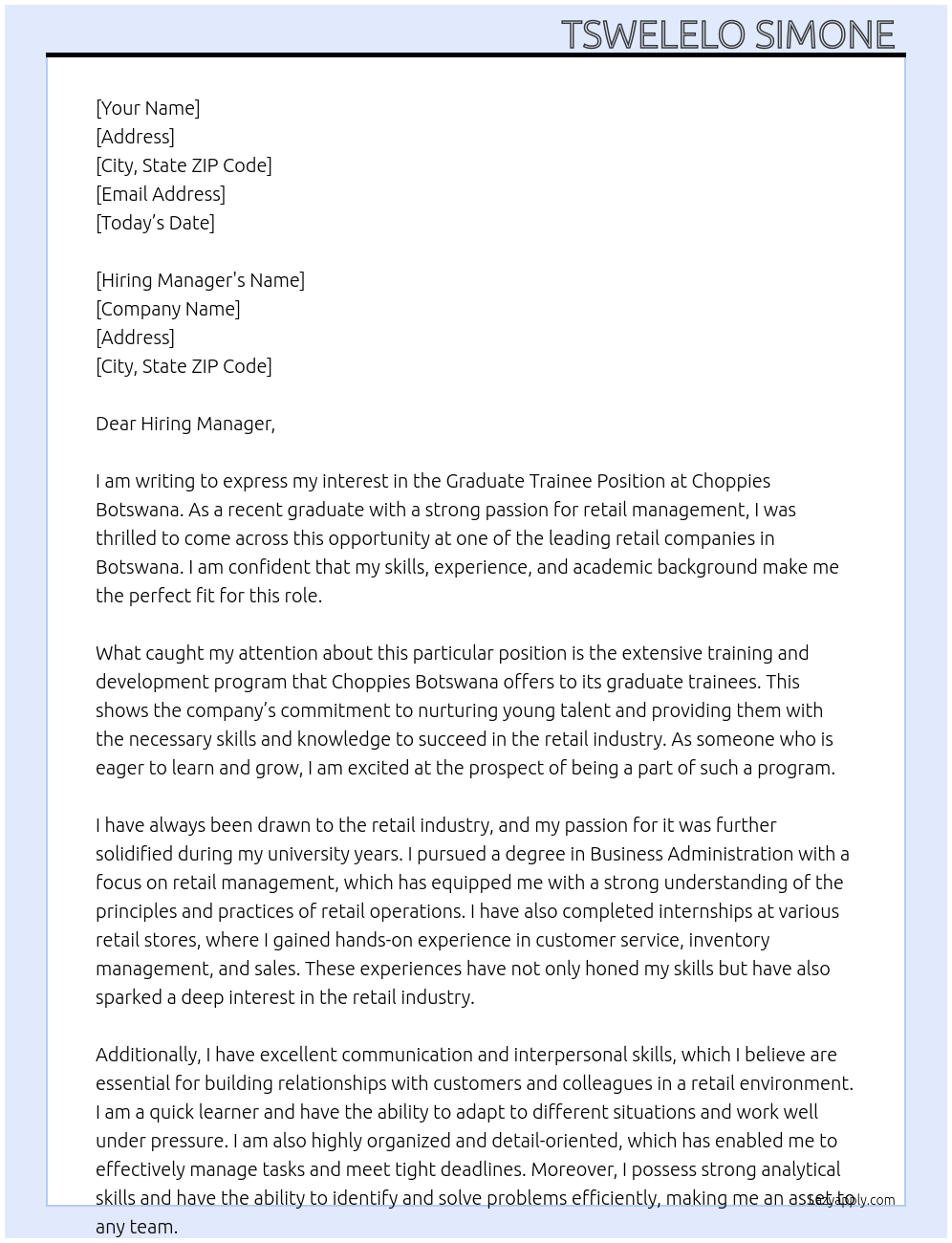 Graduate Trainee Position  At Choppies Botswana Cover Letter