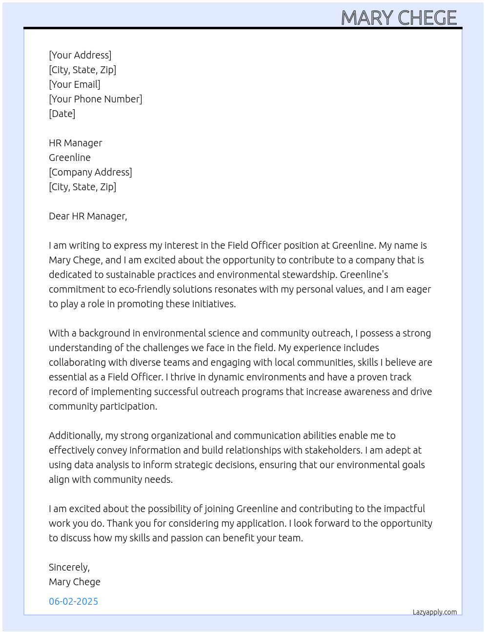 Field officer At Greenline Cover Letter