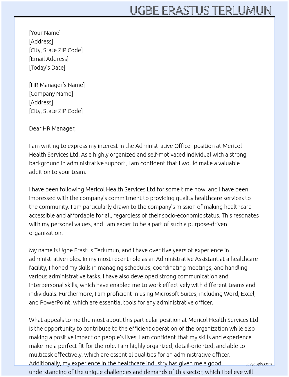 Administrative Officer At Mericol Health Services Ltd Cover Letter