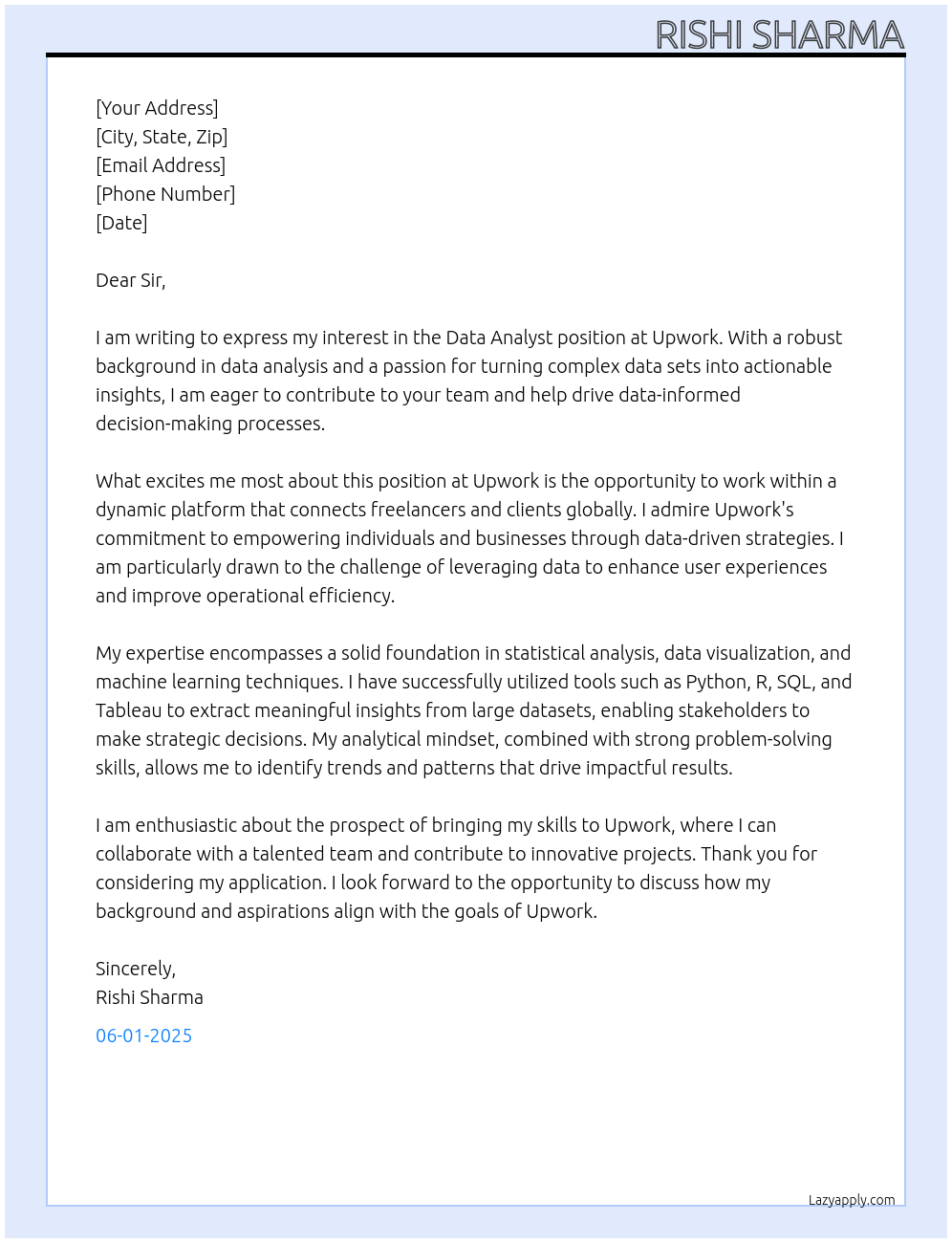 Data analyst At Upwork Cover Letter