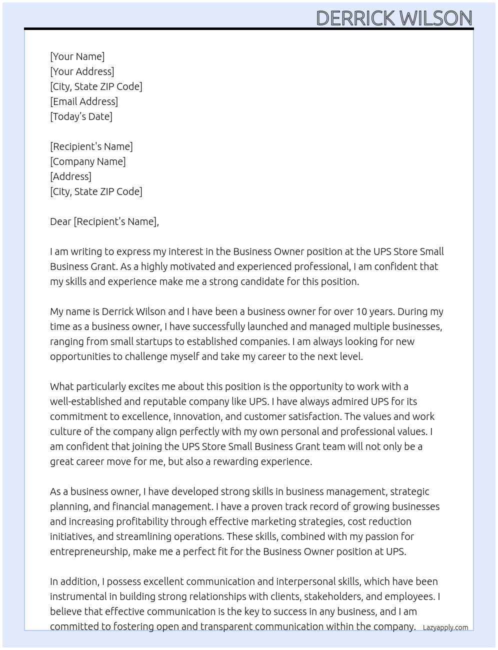 Business Owner At UPS Store Small Business Grant  Cover Letter