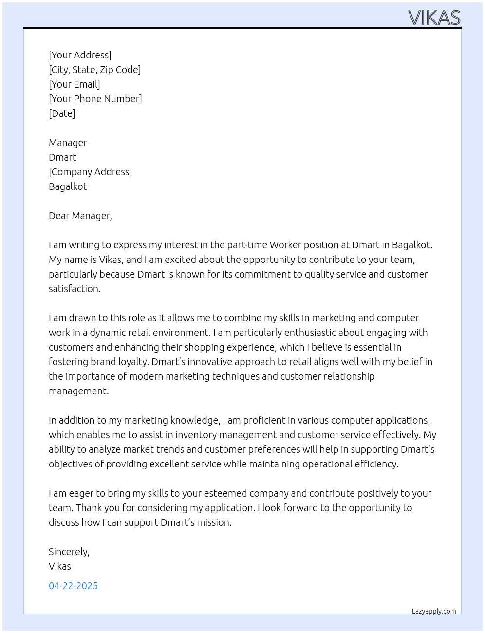 Worker At Dmart Cover Letter