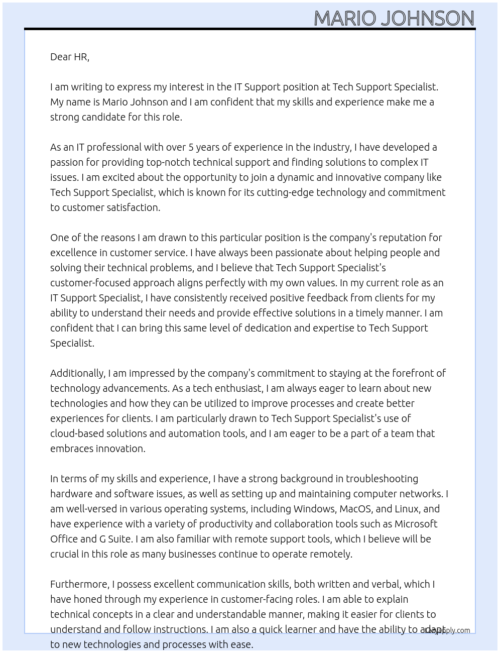 IT Support At Tech support Specialist Cover Letter