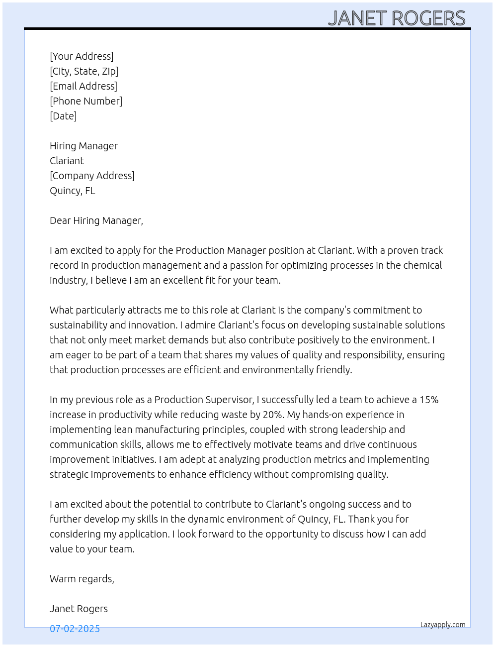 Production Manager At Clariant Cover Letter