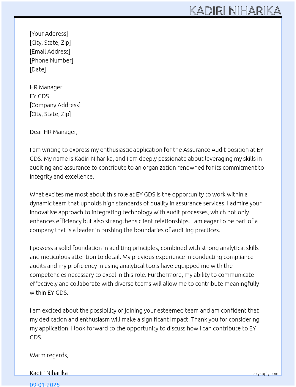 Assurance audit At EY GDS Cover Letter