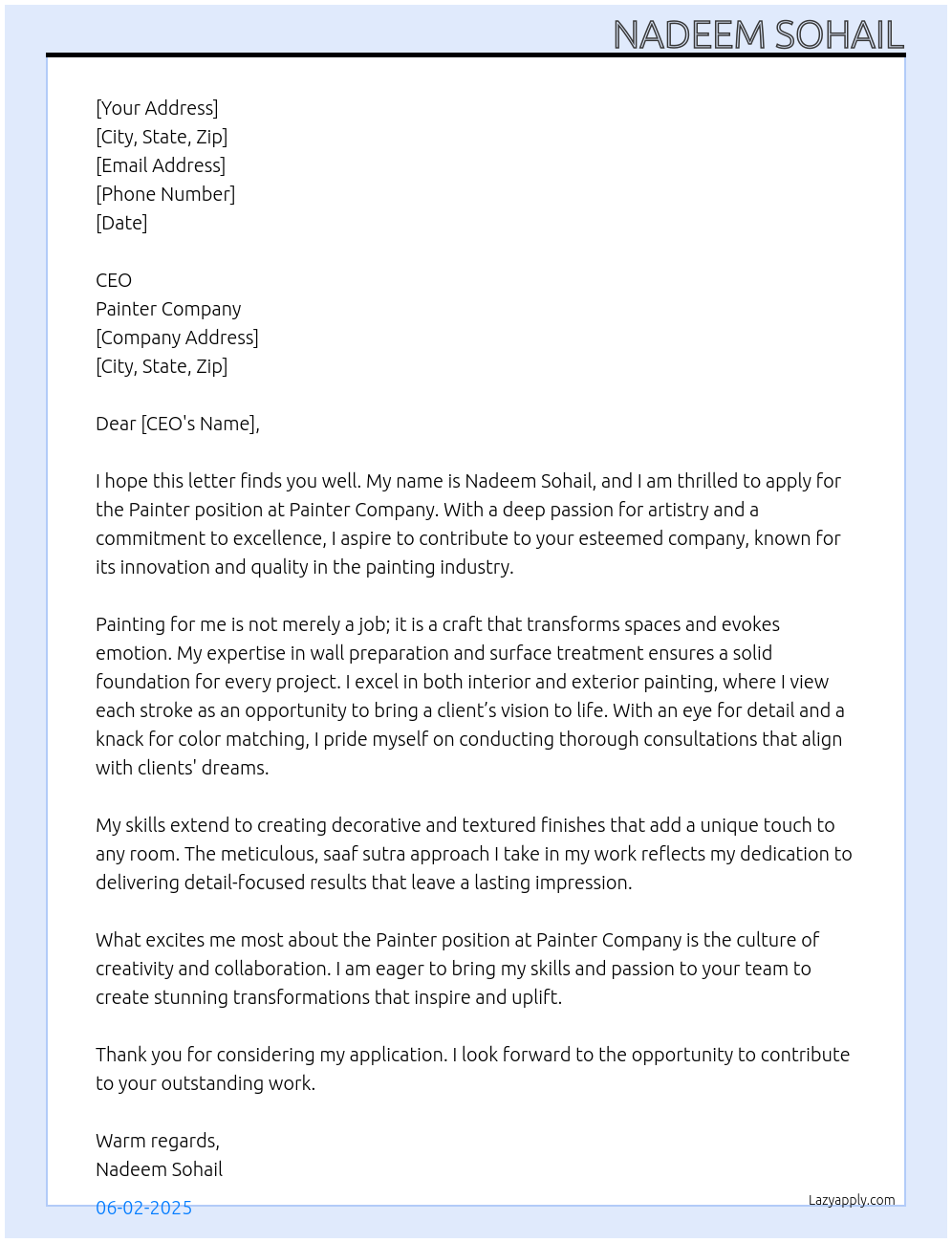 Painter At Painter company Cover Letter