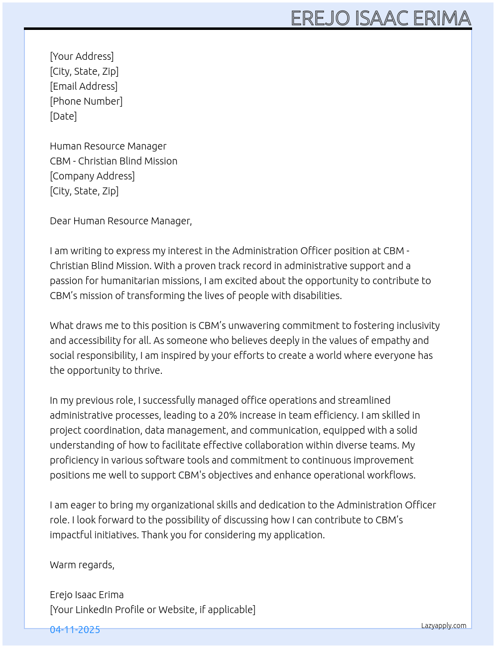 Administration officer At CBM- Christian Blind Mission Cover Letter