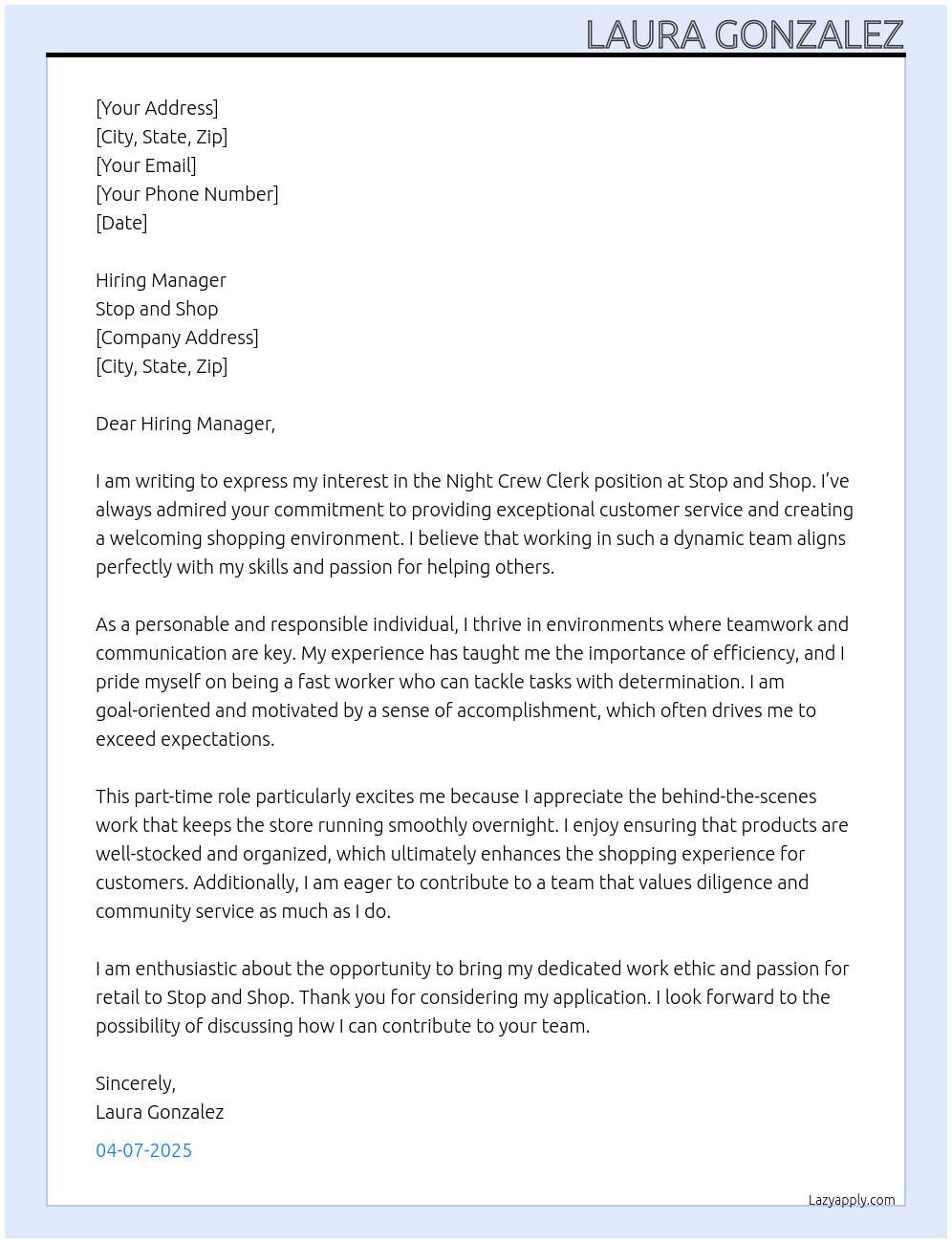 Night crew clerk At Stop and shop Cover Letter