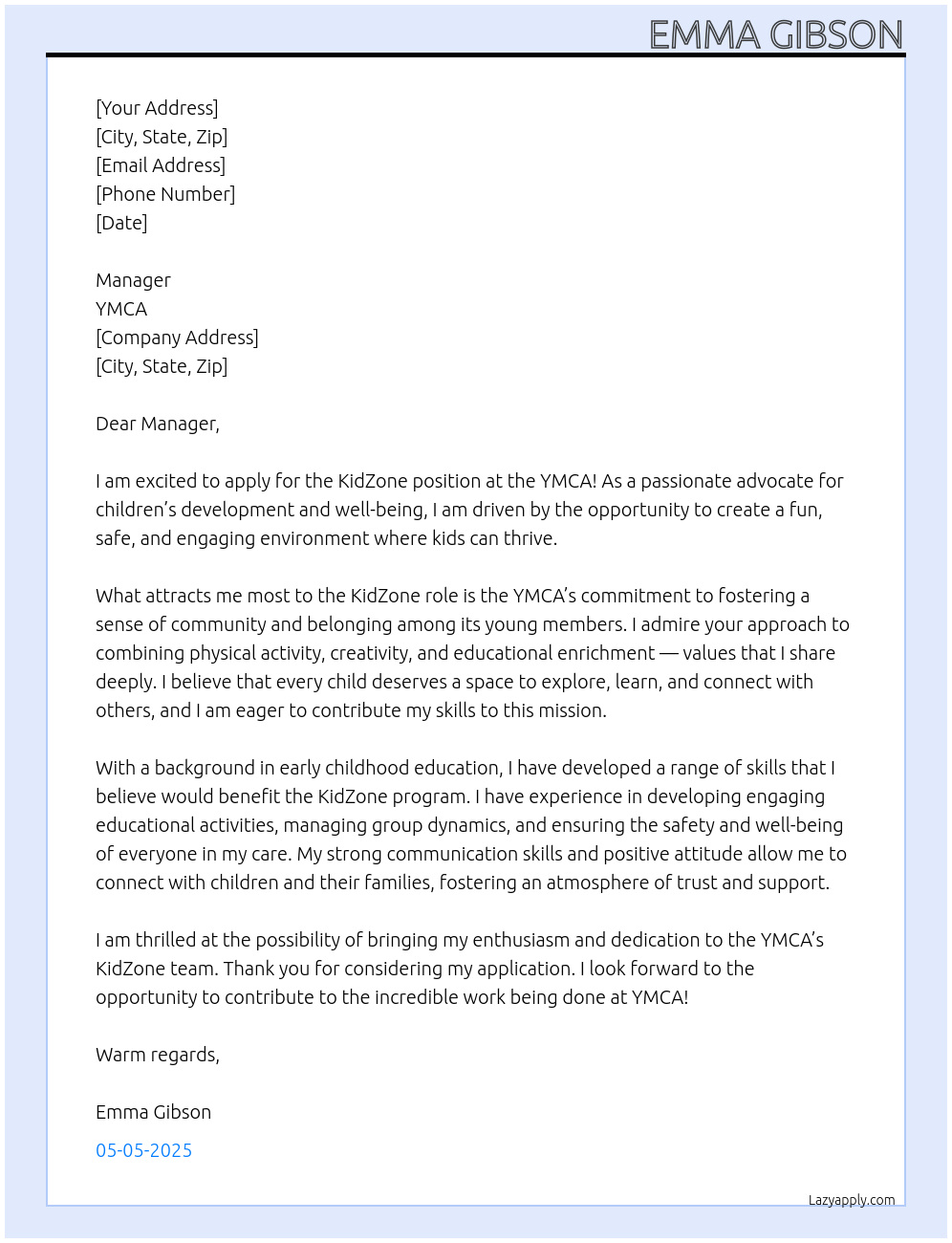 KidZone  At YMCA Cover Letter