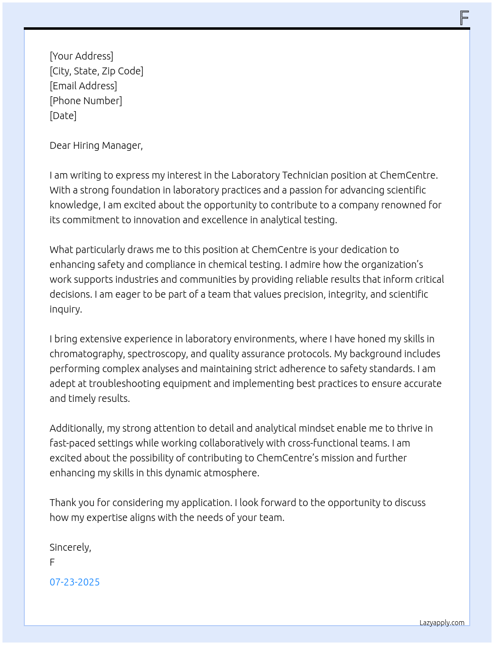 laboratory technician At ChemCentre Cover Letter