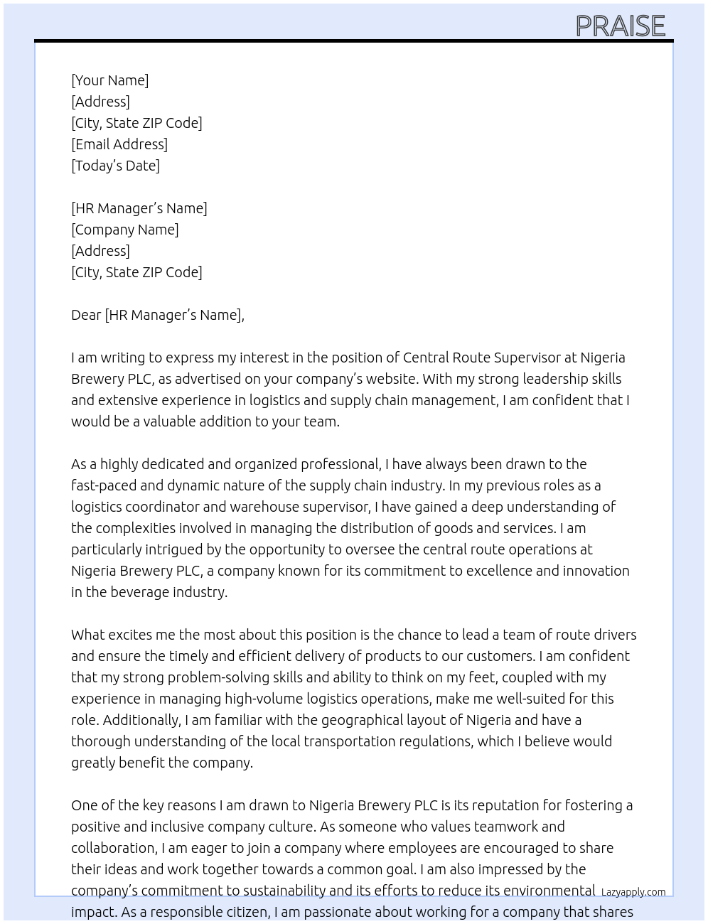 Central route supervisor  At Nigeria Brewery PLC Cover Letter