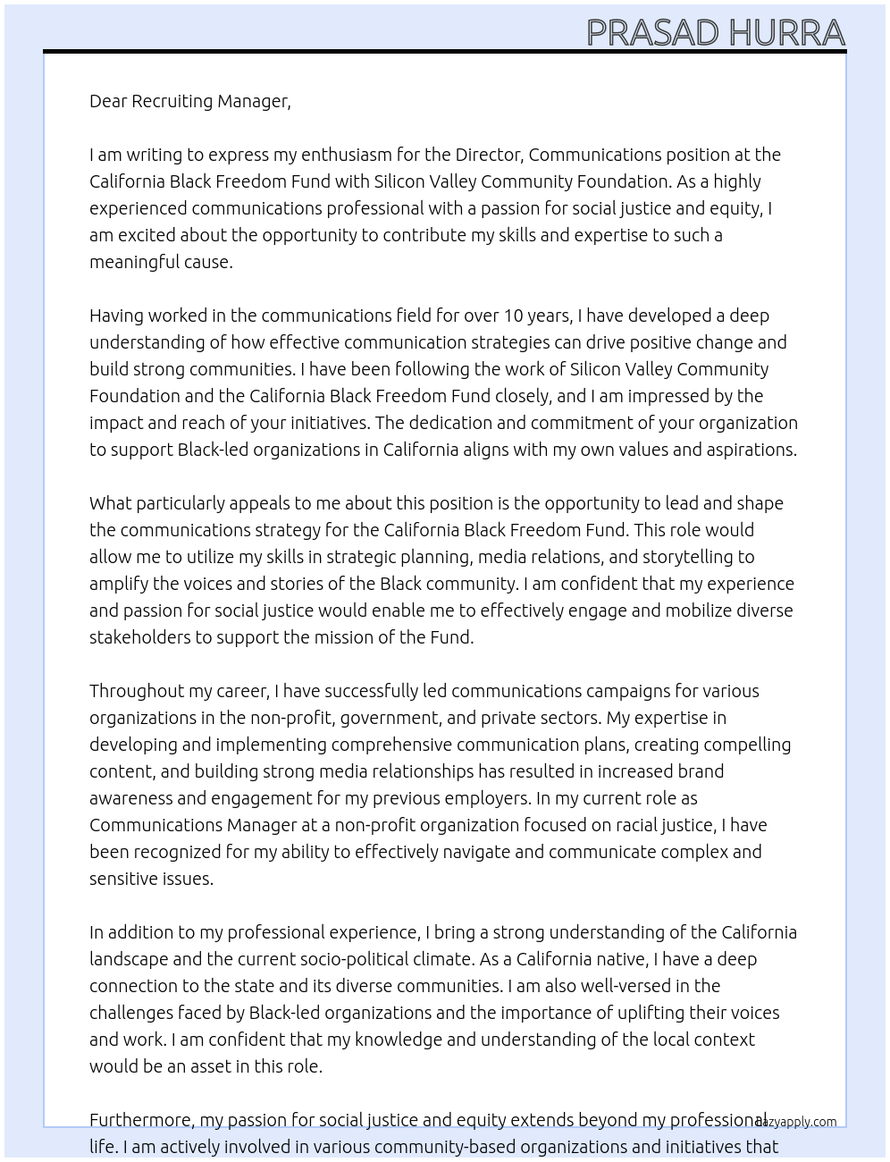 Director, Communications, California Black Freedom Fund At Silicon Valley Community Foundation  Cover Letter