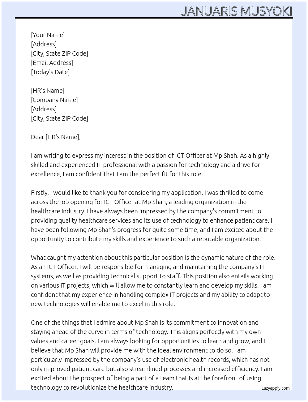 ict officer At Mp Shah Cover Letter