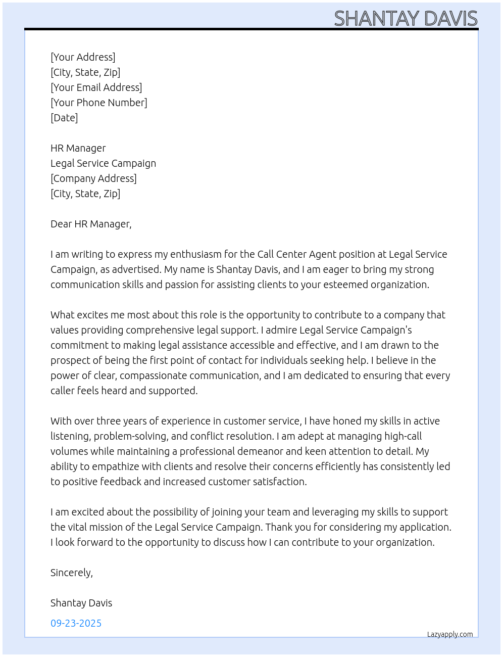 Call Center Agent At Legal Service Campaign Cover Letter