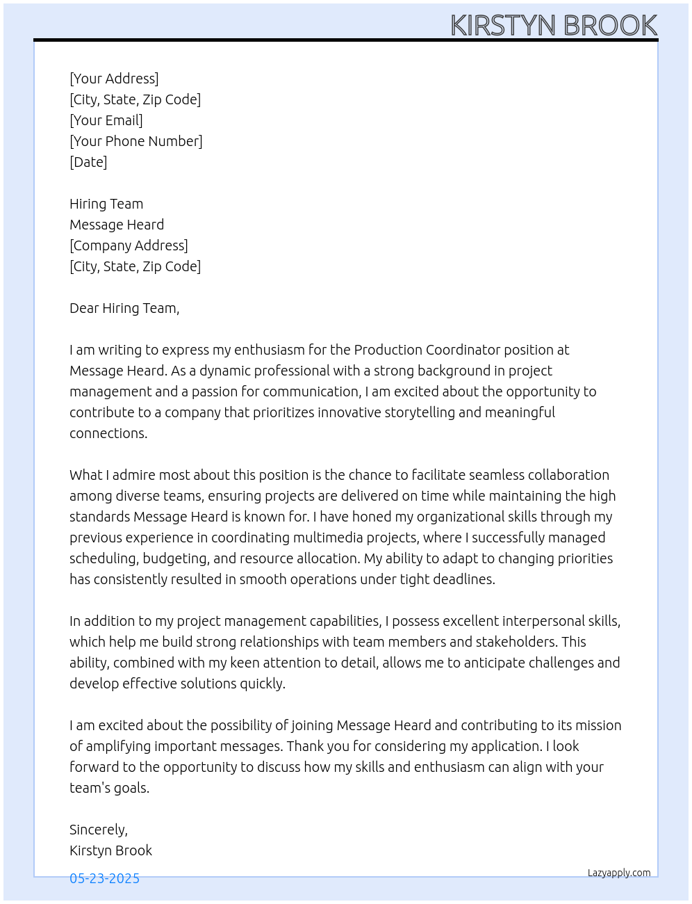 Cover letter for production coordinator - LazyApply