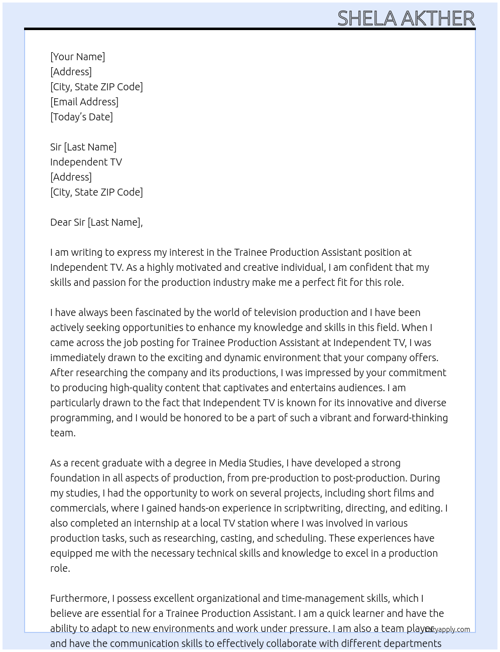 Cover letter for trainee production assistant - LazyApply