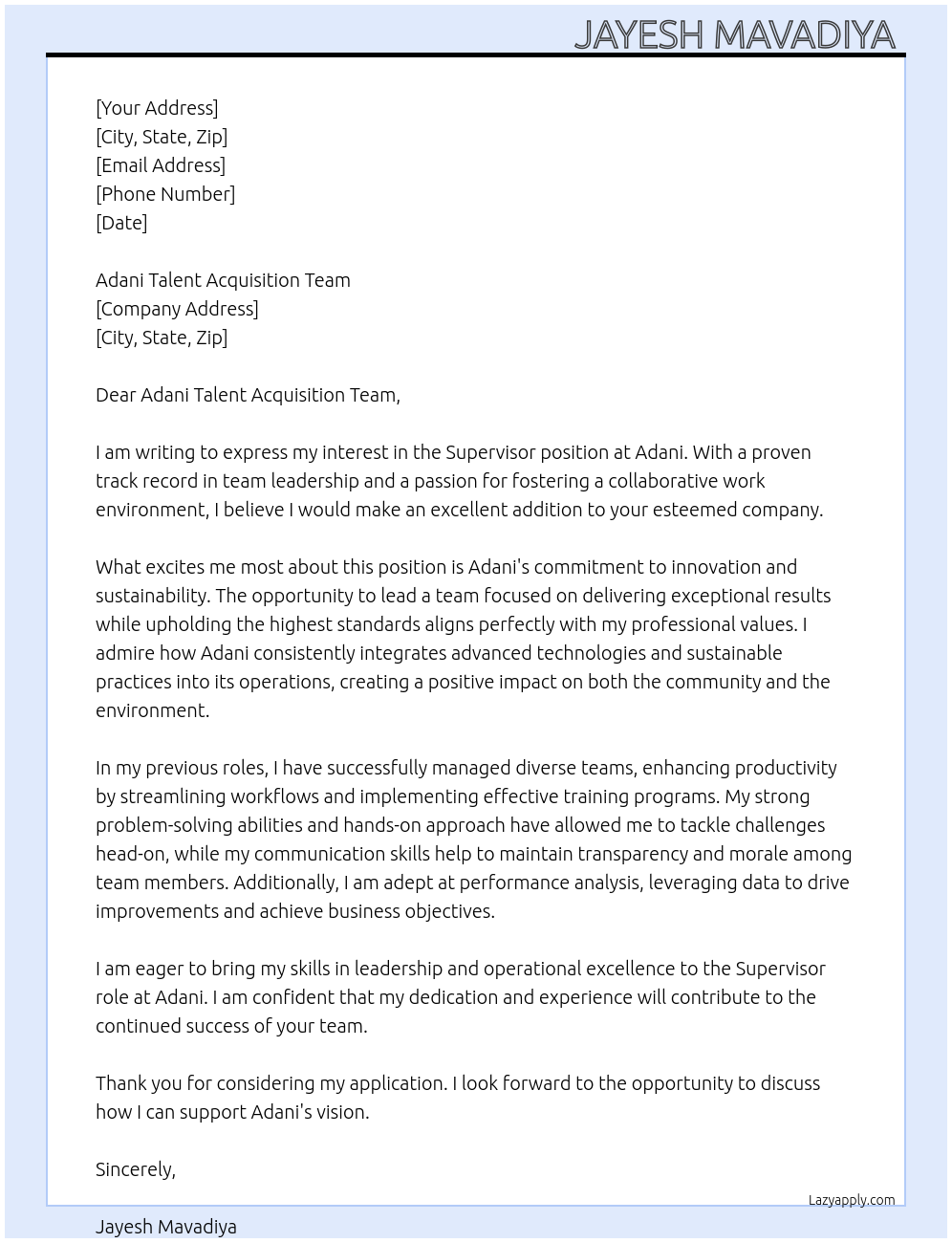 Supervisor At Adani Cover Letter