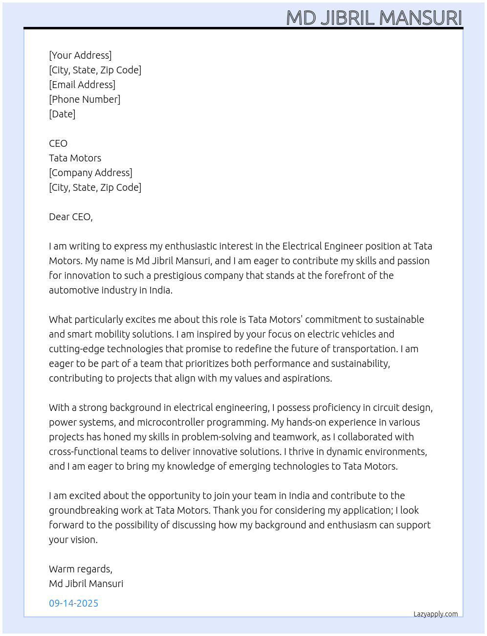 Electrical Engineer At Tata motors Cover Letter
