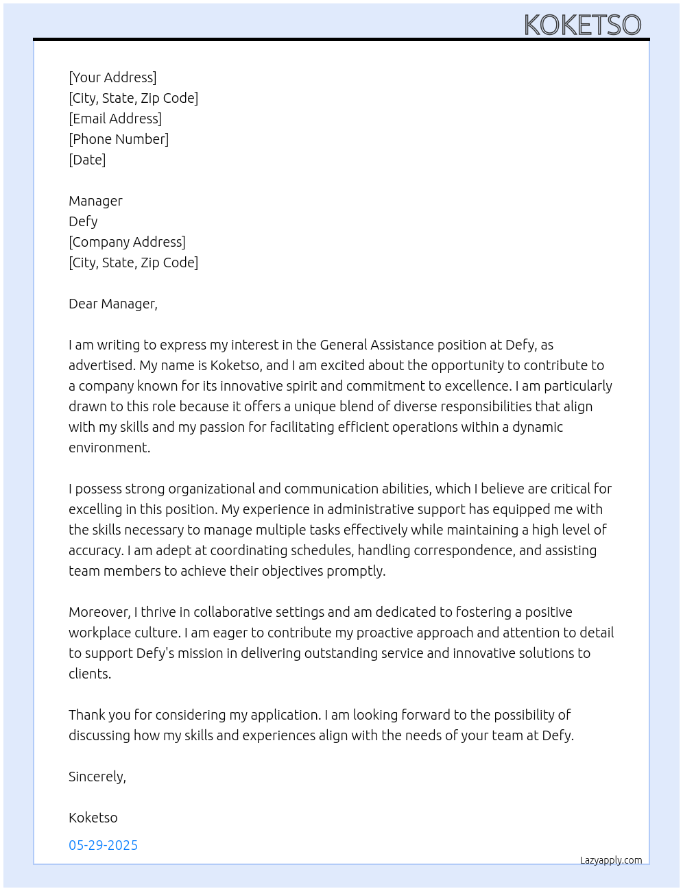 General assistance  At Defy Cover Letter