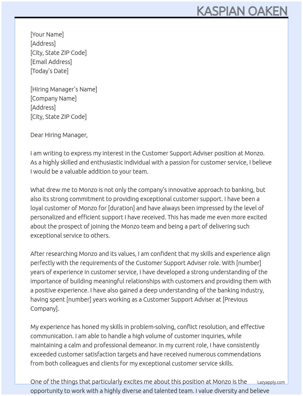 Customer Support Adviser At Monzo  Cover Letter