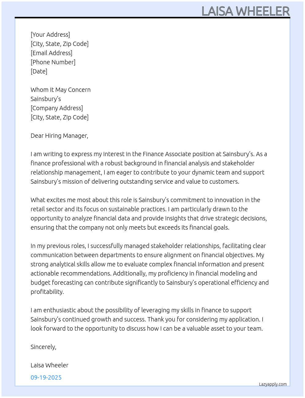 Cover letter for Finance associate - LazyApply