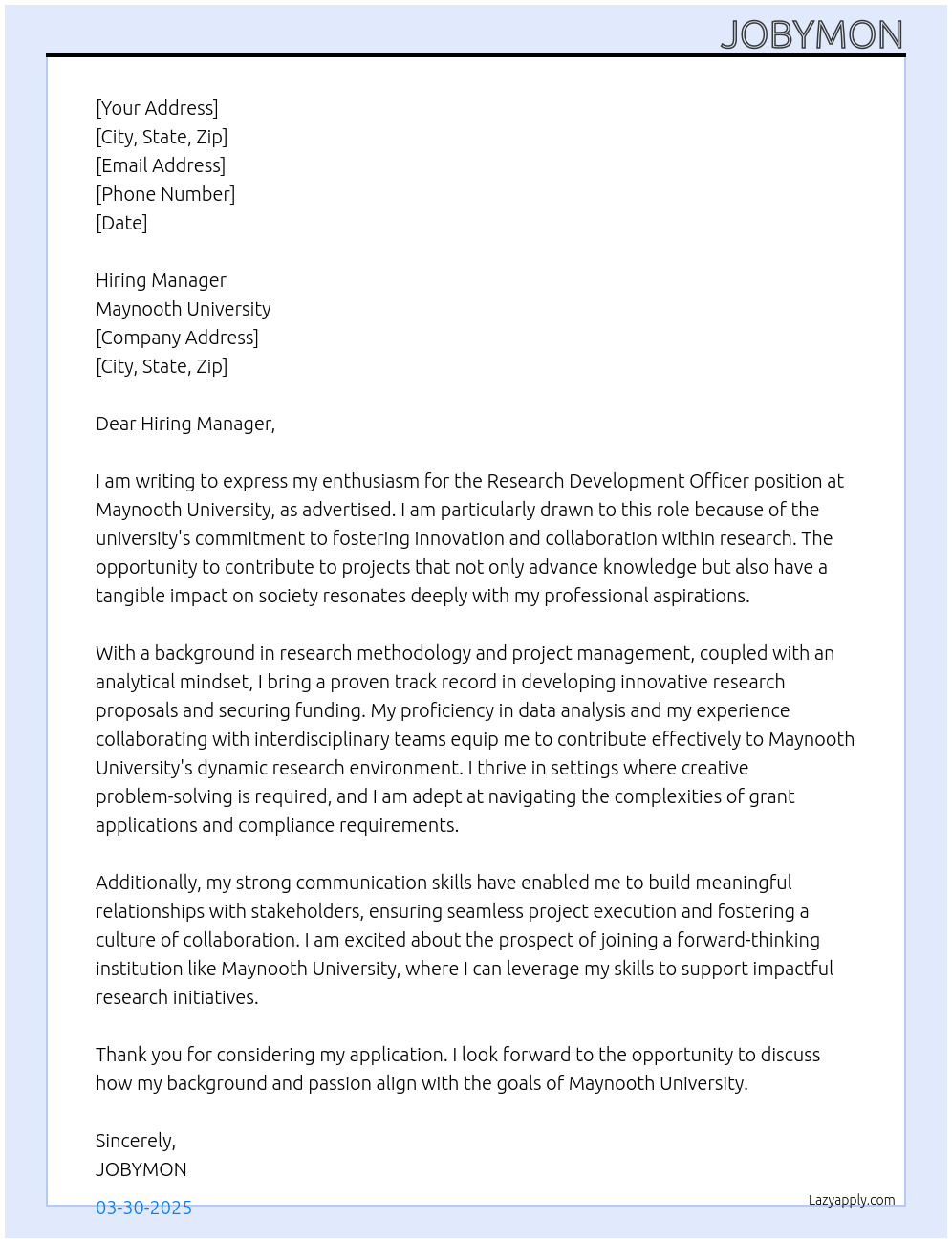 Research Development Officer At MAYNOOTH UNIVERSITY Cover Letter