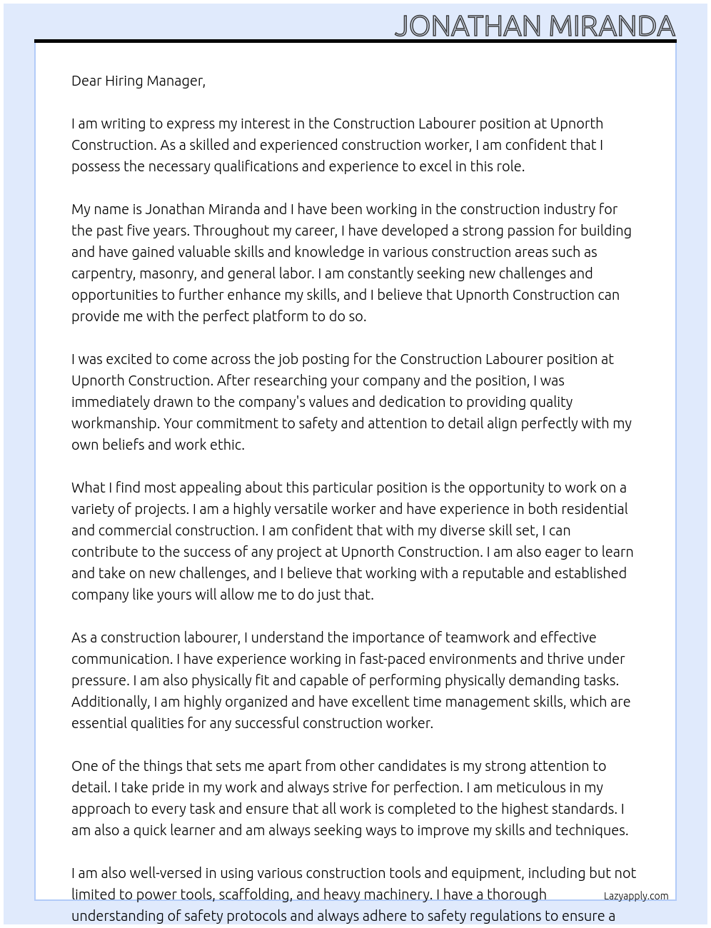 Cover letter for construction labourer - LazyApply