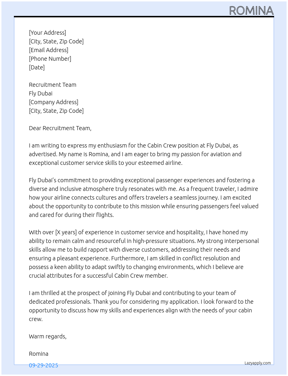 Cabin Crew At Fly Dubai Cover Letter