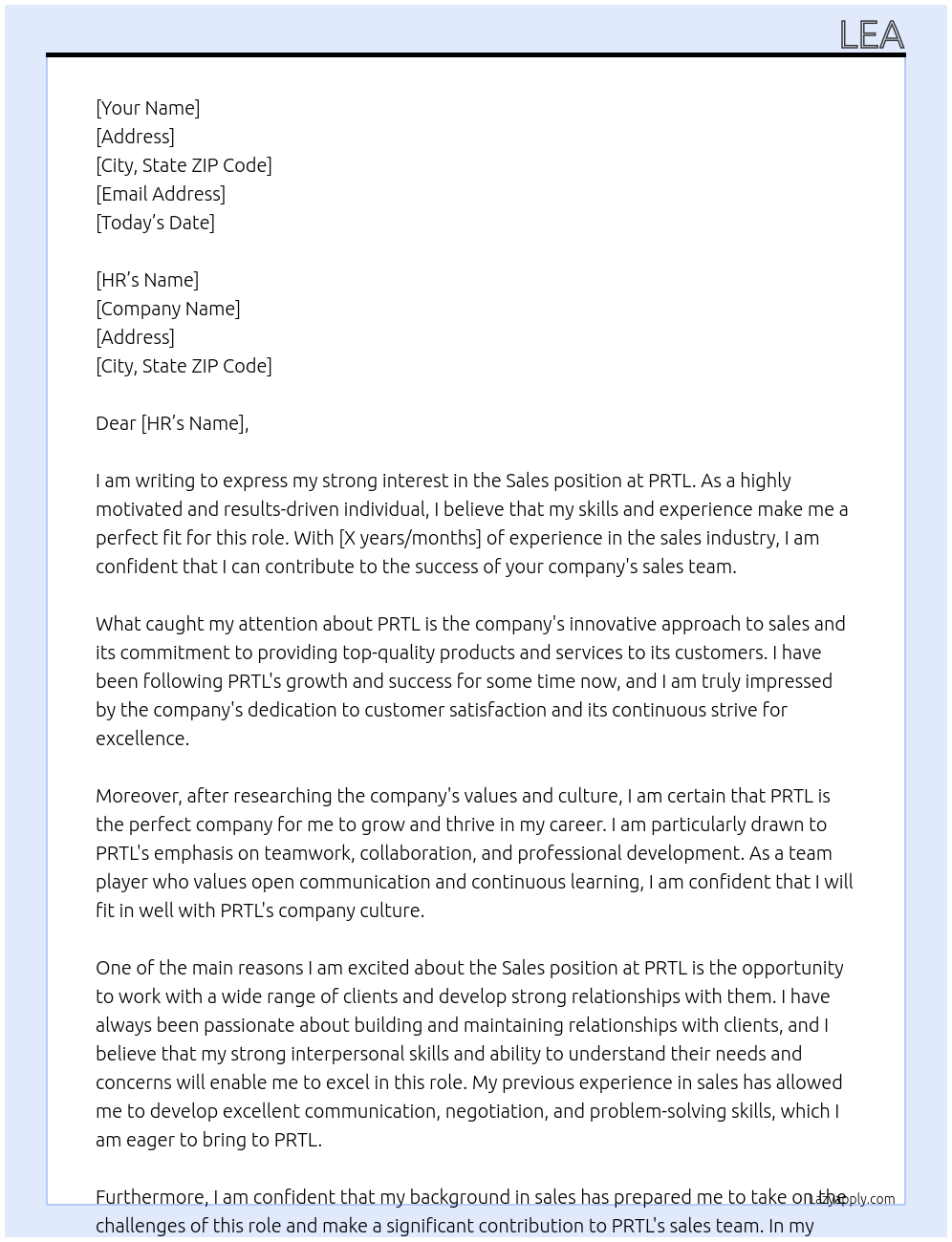 sales At PRTL Cover Letter