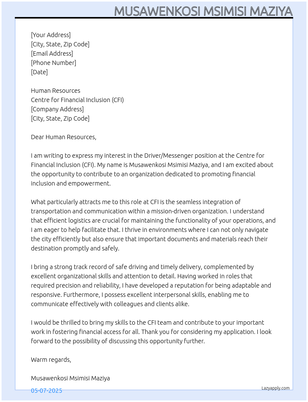 Cover letter for driver/messenger - LazyApply