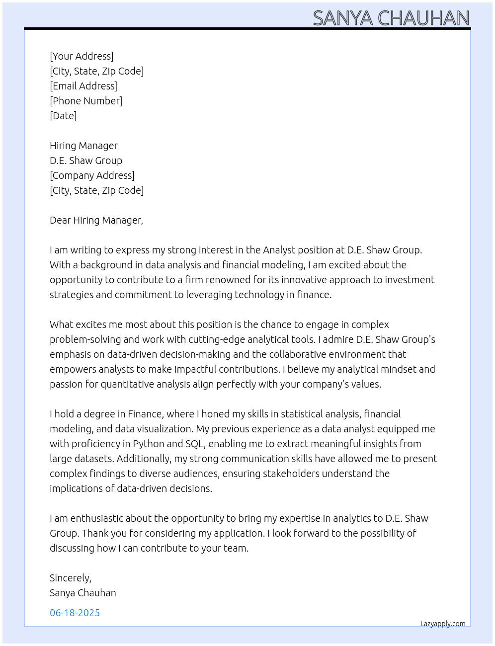 Analyst At D.E. Shaw Group Cover Letter