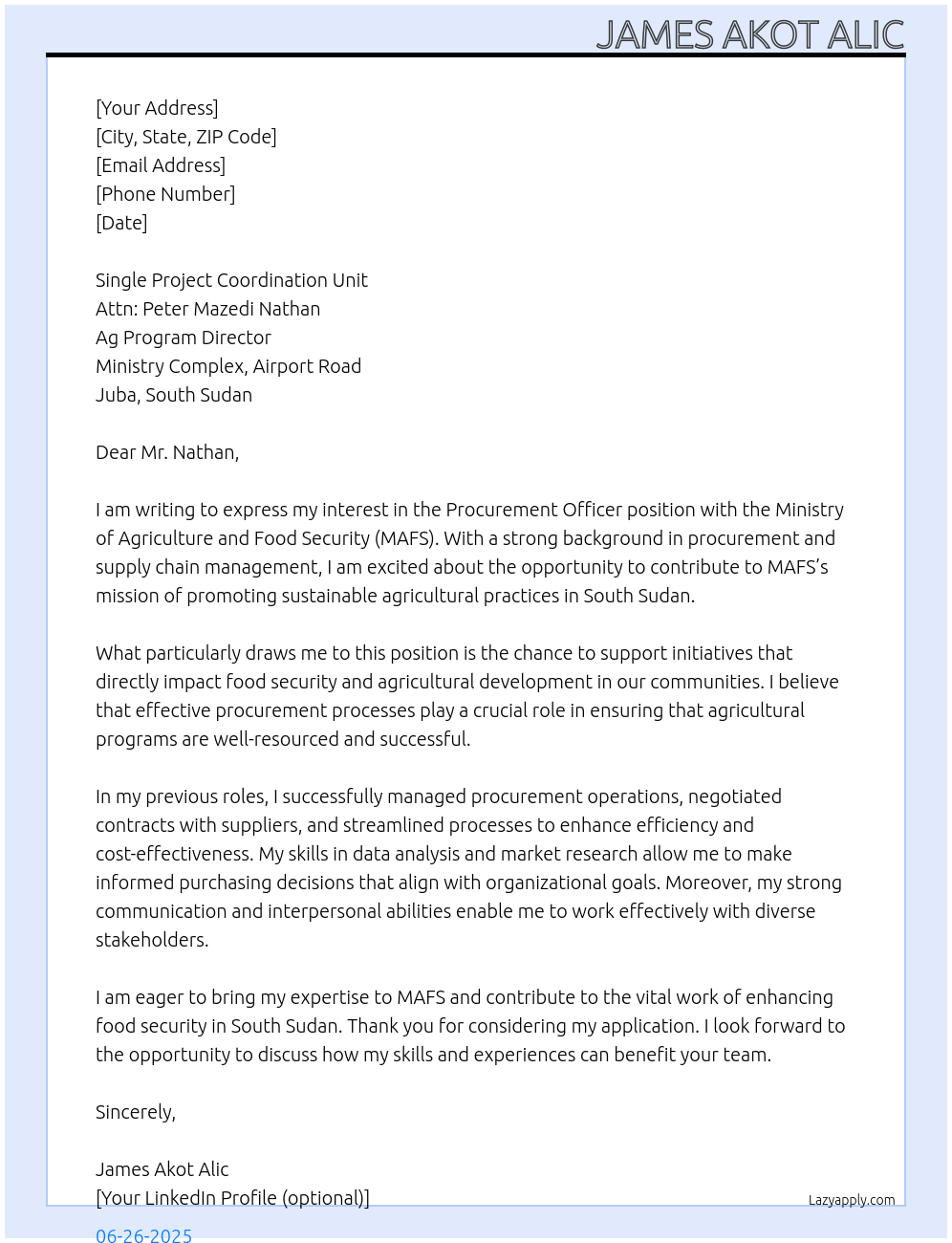 Procurement Officer At The Ministry of Agriculture and Food Security (MAFS) Cover Letter