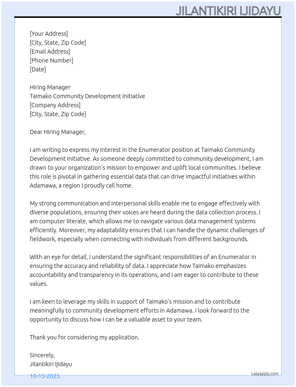 Enumerator At Taimako Community Development Initiative Cover Letter