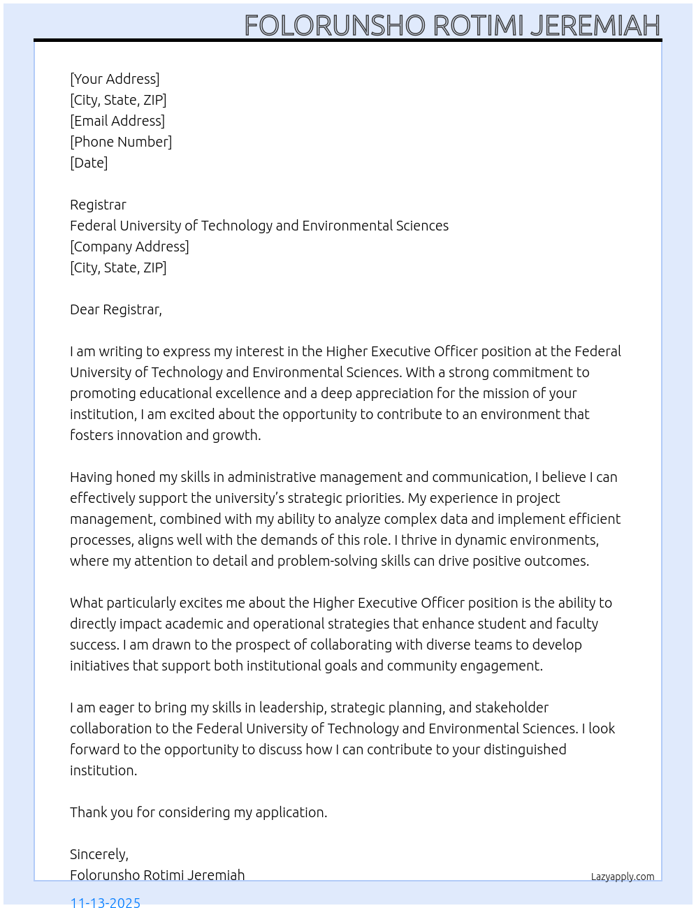 HIGHER EXECUTIVE OFFICER At Federal University of Technology and Environmental Sciences Cover Letter