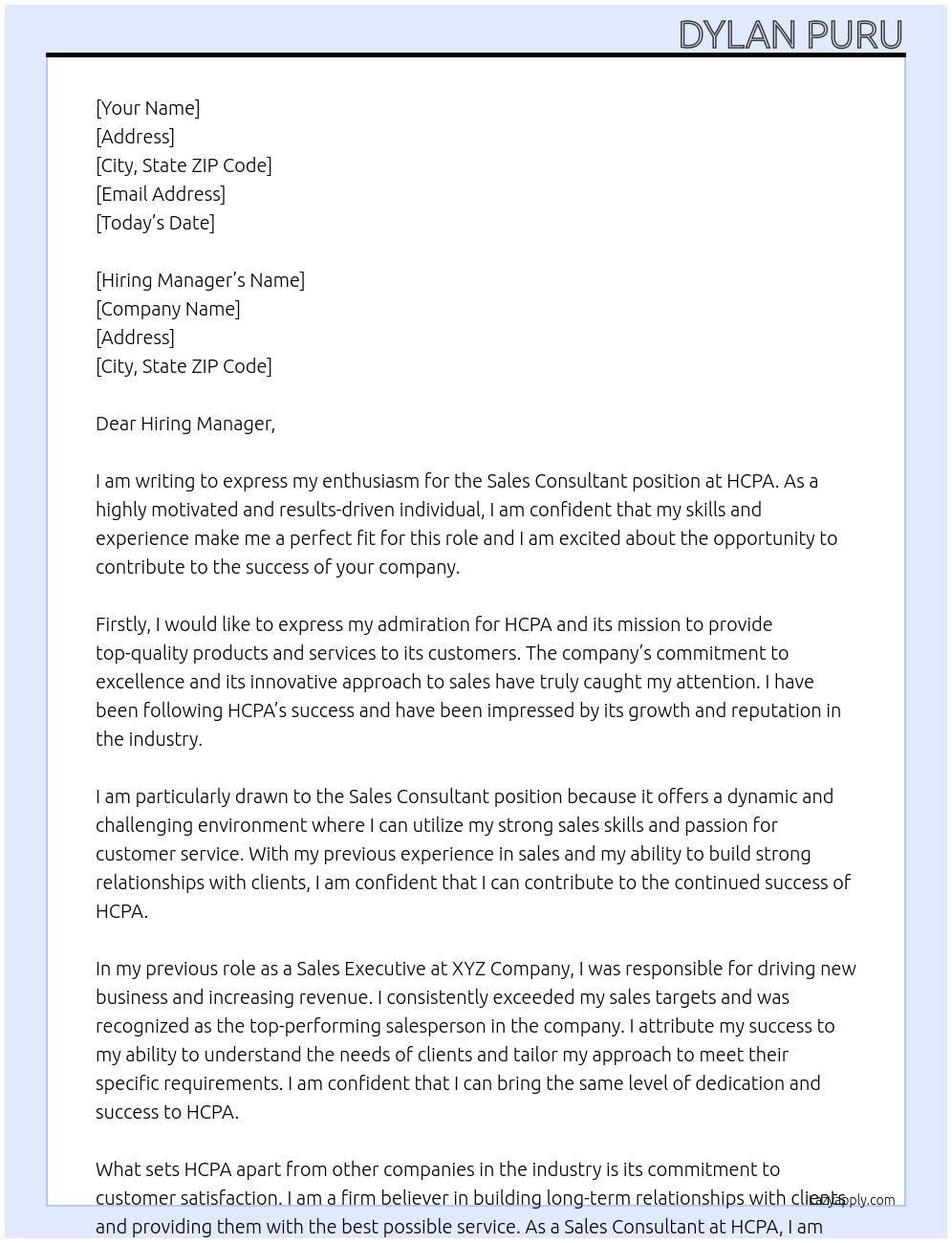 Sales Consultant At HCPA Cover Letter
