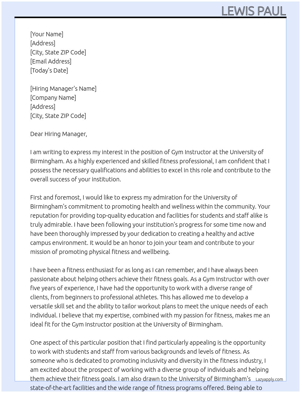 Gym Instructor At University of Birmingham Cover Letter