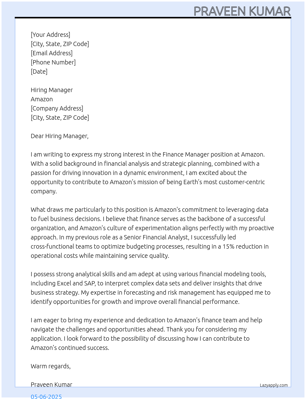 Finance Manager At Amazon Cover Letter