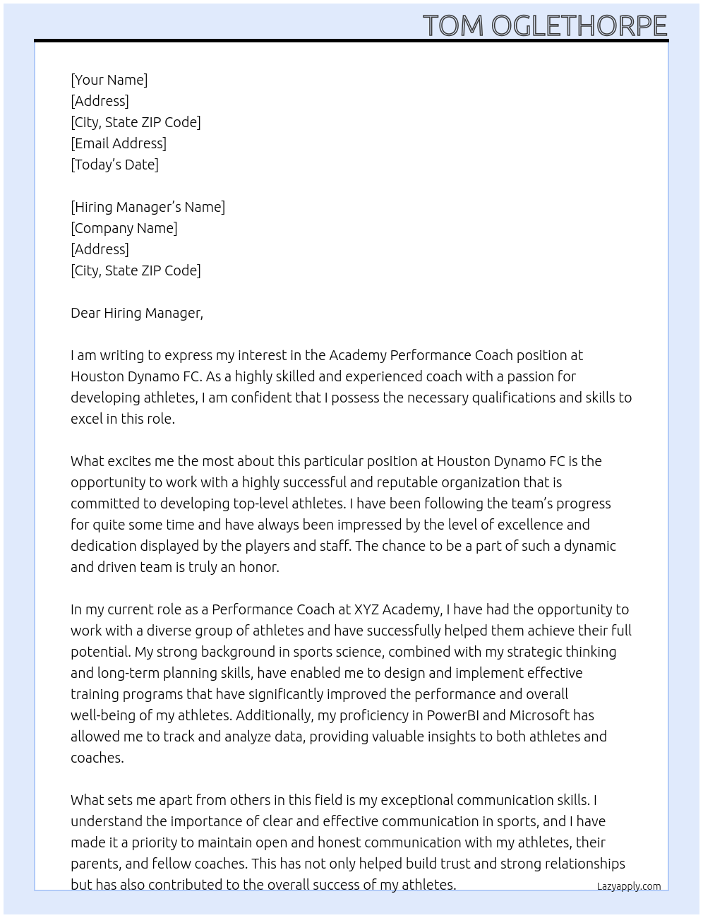 Cover letter for academy performance coach - LazyApply