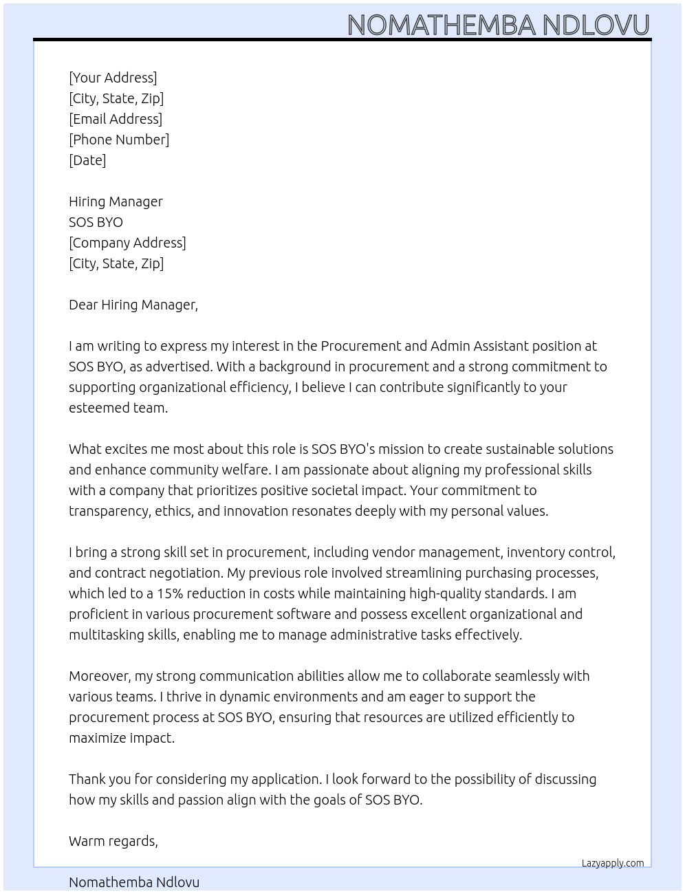 Cover letter for procurement and admin assistant - LazyApply