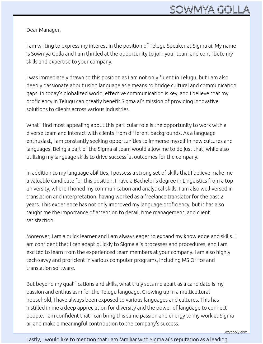 Cover letter for telugu speaker - LazyApply
